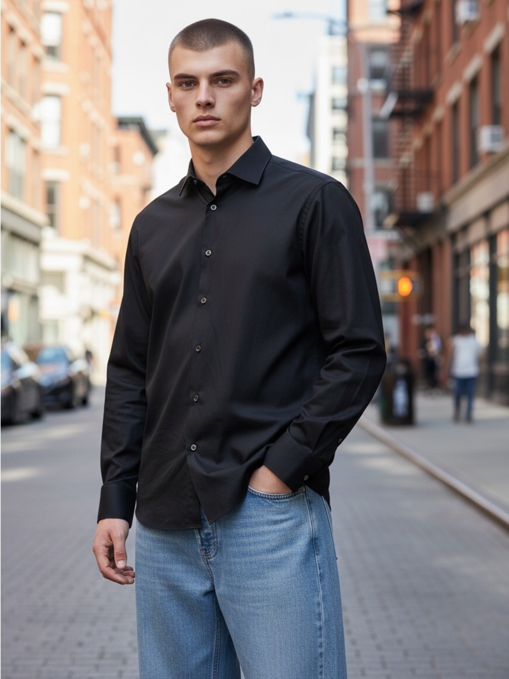 Banana Republic Fitted Black Dress Shirt, French Cuffs, 100% Cotton, M 15-15.5